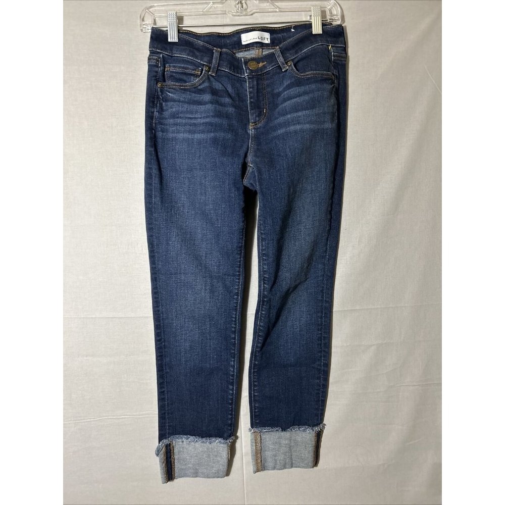 Loft Women’s Denim Jeans Pants For Modern Straight Dark Wash Fold Hemline Capri